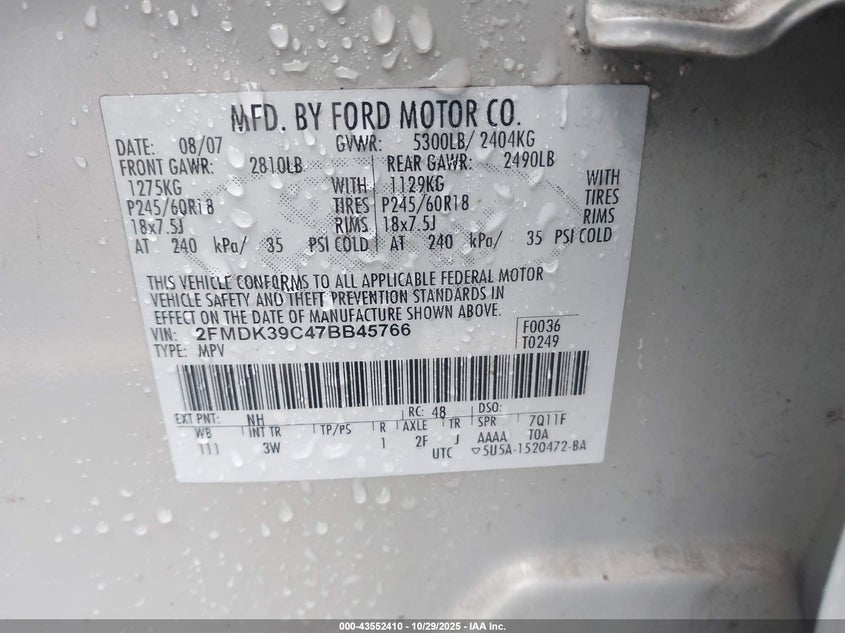 2007 Ford Edge Sel Plus VIN: 2FMDK39C47BB45766 Lot: 43552410