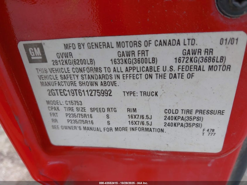 2001 GMC Sierra 1500 Sle VIN: 2GTEC19T611275992 Lot: 43552415