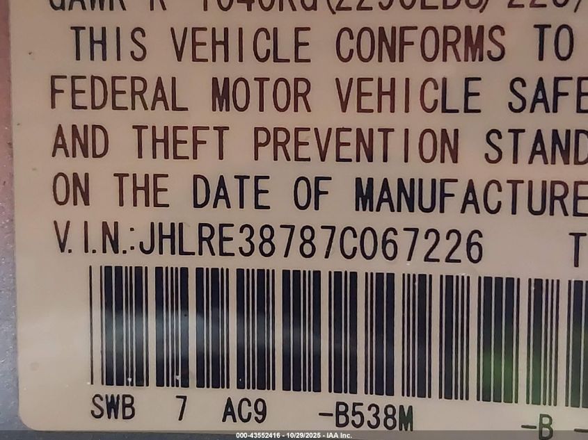 2007 Honda Cr-V Ex-L VIN: JHLRE38787C067226 Lot: 43552416