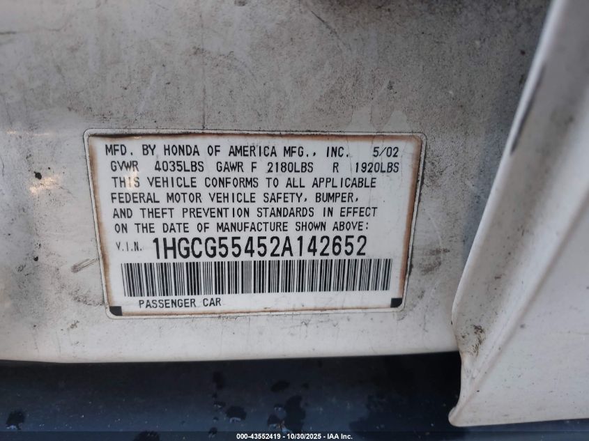 2002 Honda Accord 2.3 Lx VIN: 1HGCG55452A142652 Lot: 43552419