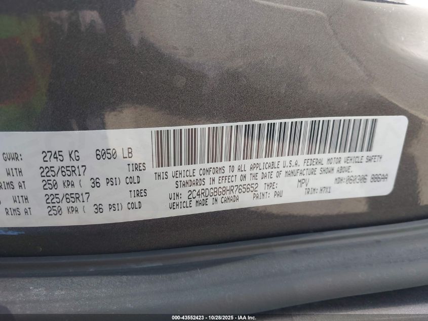 2017 Dodge Grand Caravan Se VIN: 2C4RDGBG8HR765652 Lot: 43552423