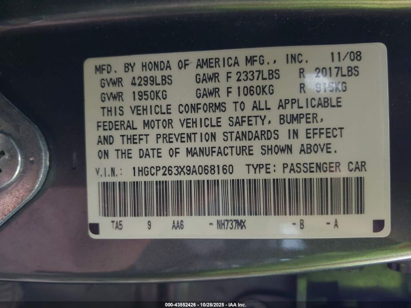 2009 Honda Accord 2.4 Lx VIN: 1HGCP263X9A068160 Lot: 43552426