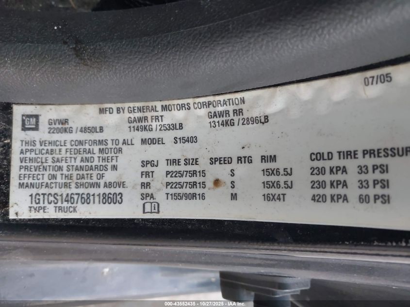 2006 GMC Canyon Sle1 VIN: 1GTCS146768118603 Lot: 43552435