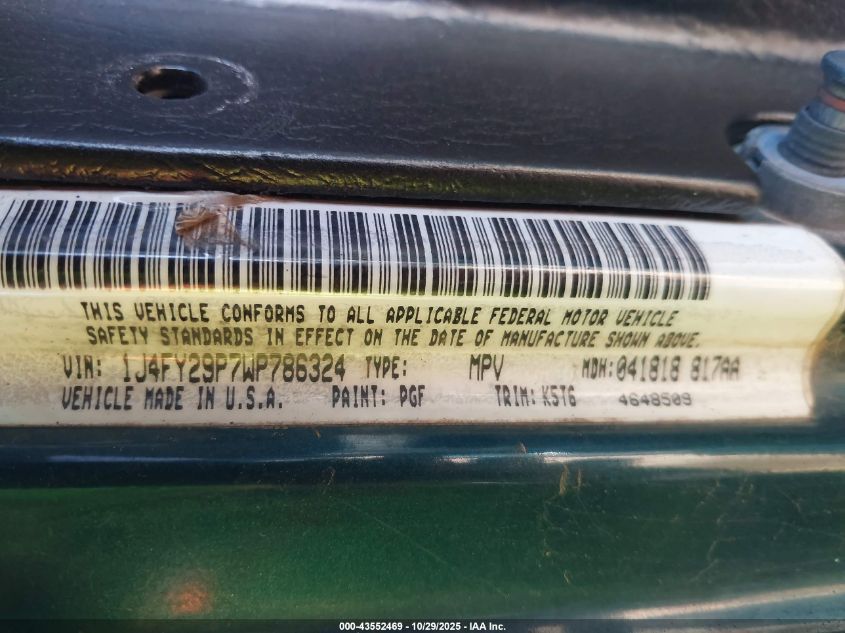 1998 Jeep Wrangler Se VIN: 1J4FY29P7WP786324 Lot: 43552469