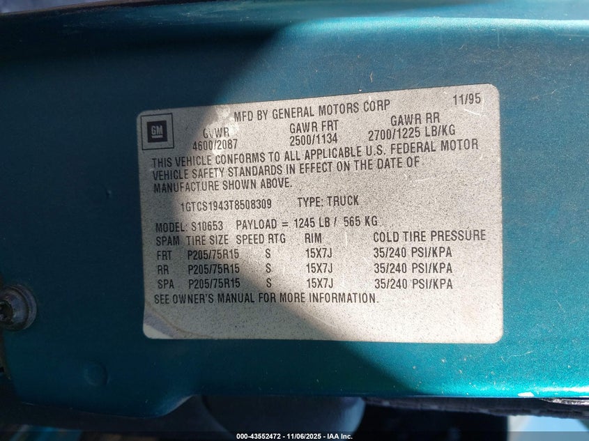 1996 GMC Sonoma VIN: 1GTCS1943T8508309 Lot: 43552472