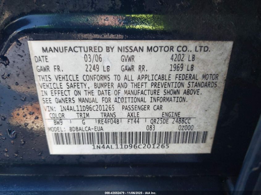 2006 Nissan Altima 2.5 S VIN: 1N4AL11D96C201265 Lot: 43552479