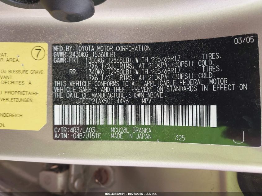 2005 Toyota Highlander Limited V6 VIN: JTEEP21AX50114496 Lot: 43552491