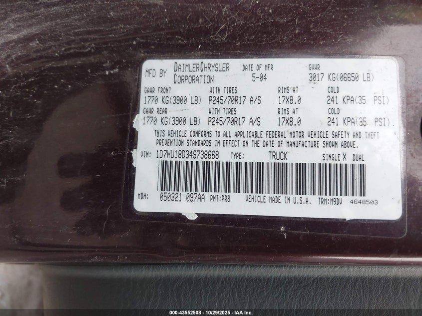 2004 Dodge Ram 1500 Slt/Laramie VIN: 1D7HU18D34S738668 Lot: 43552508