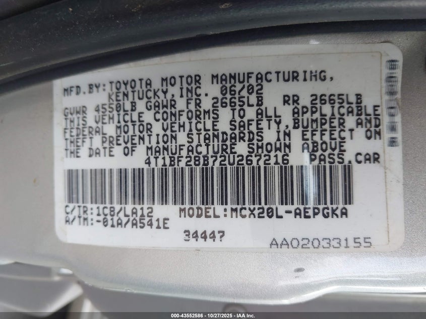 2002 Toyota Avalon Xls VIN: 4T1BF28B72U267216 Lot: 43552586