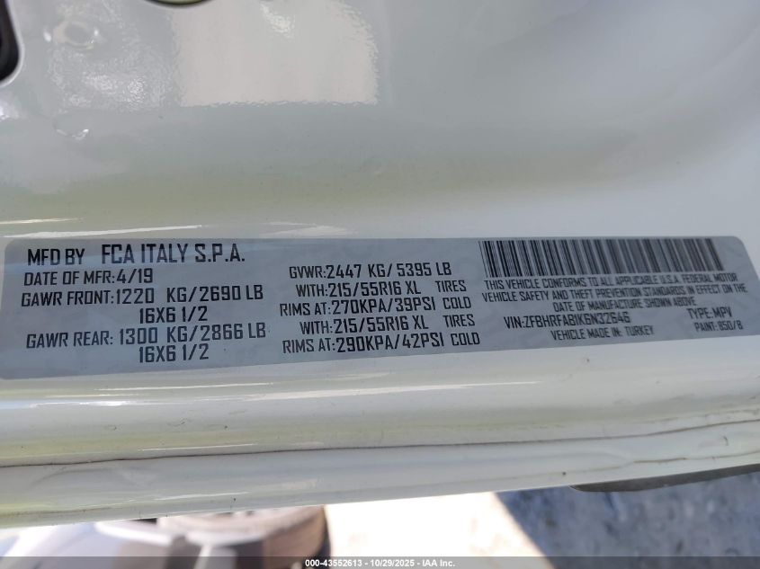 2019 Ram Promaster City Tradesman VIN: ZFBHRFAB1K6N32646 Lot: 43552613