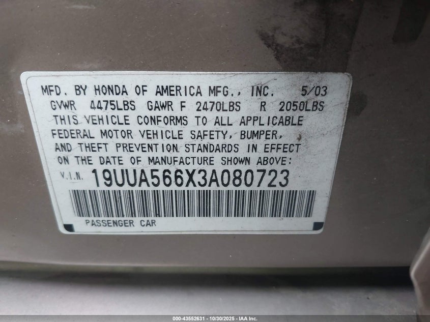 2003 Acura 3.2Tl VIN: 19UUA566X3A080723 Lot: 43552631