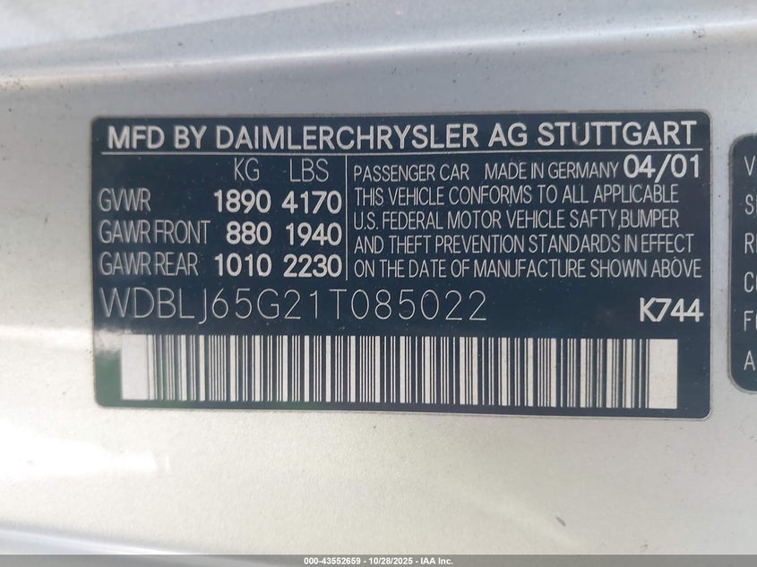 2001 Mercedes-Benz Clk 320 VIN: WDBLJ65G21T085022 Lot: 43552659