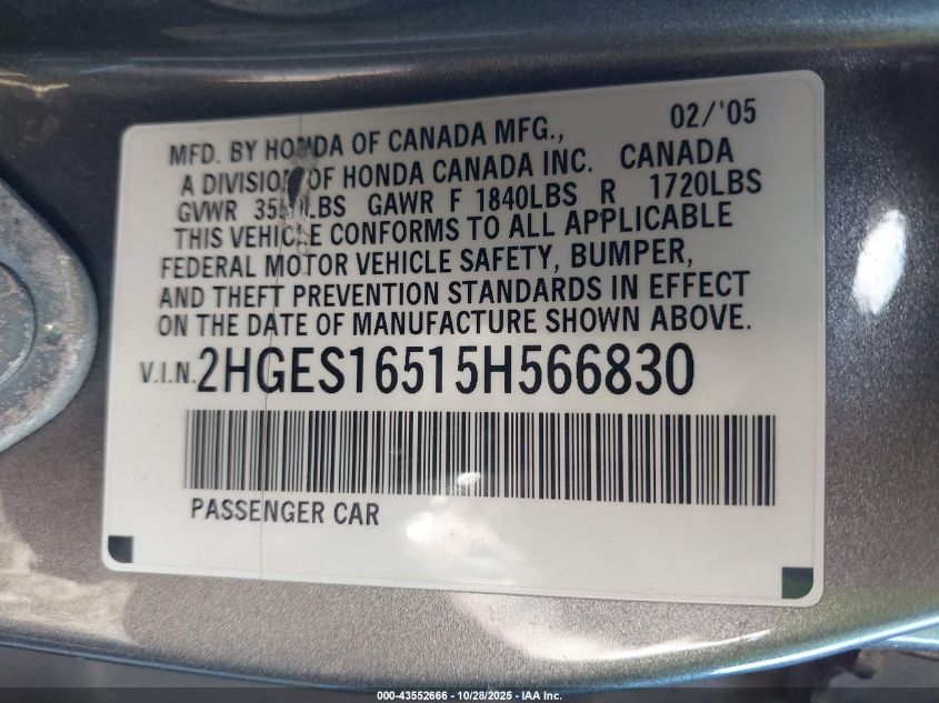 2005 Honda Civic Lx VIN: 2HGES16515H566830 Lot: 43552666