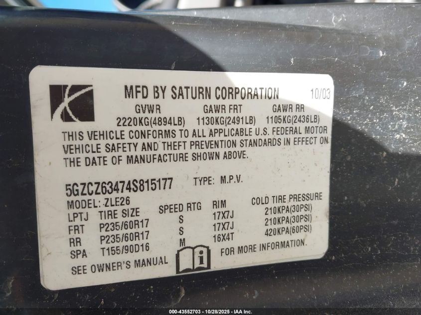 2004 Saturn Vue V6 VIN: 5GZCZ63474S815177 Lot: 43552703