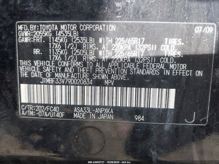 2009 Toyota Rav4 VIN: JTMBF33V79D020834 Lot: 43552727