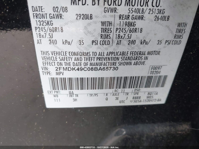 2008 Ford Edge Limited VIN: 2FMDK49C08BA65730 Lot: 43552733
