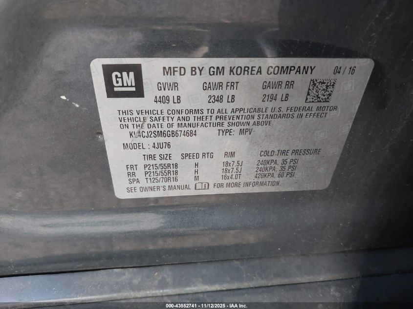 2016 Buick Encore Sport Touring VIN: KL4CJ2SM6GB674684 Lot: 43552741