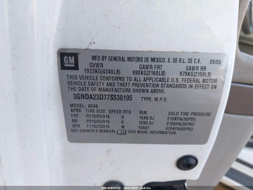 2007 Chevrolet Hhr Lt VIN: 3GNDA23D77S538195 Lot: 43552742