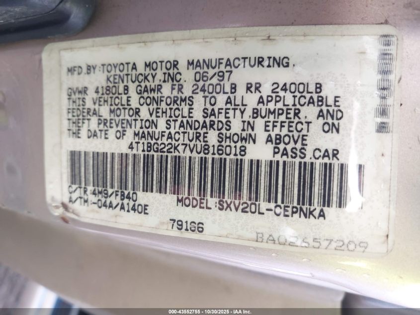 1997 Toyota Camry Le VIN: 4T1BG22K7VU816018 Lot: 43552755