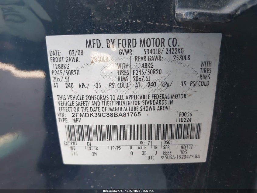 2008 Ford Edge Limited VIN: 2FMDK39C88BA81765 Lot: 43552774