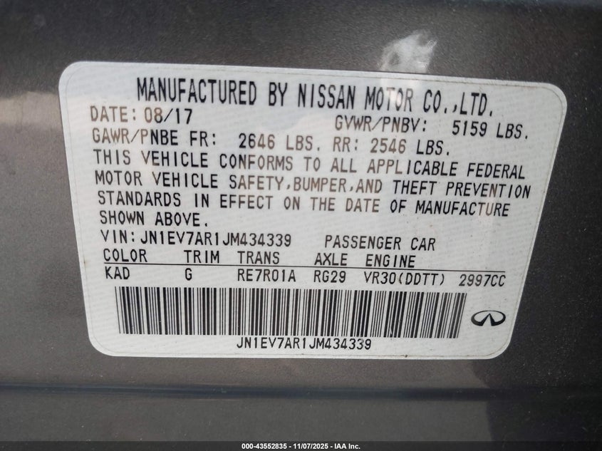 2018 Infiniti Q50 3.0T Luxe VIN: JN1EV7AR1JM434339 Lot: 43552835