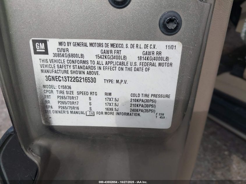 2002 Chevrolet Avalanche 1500 VIN: 3GNEC13T22G216530 Lot: 43552854