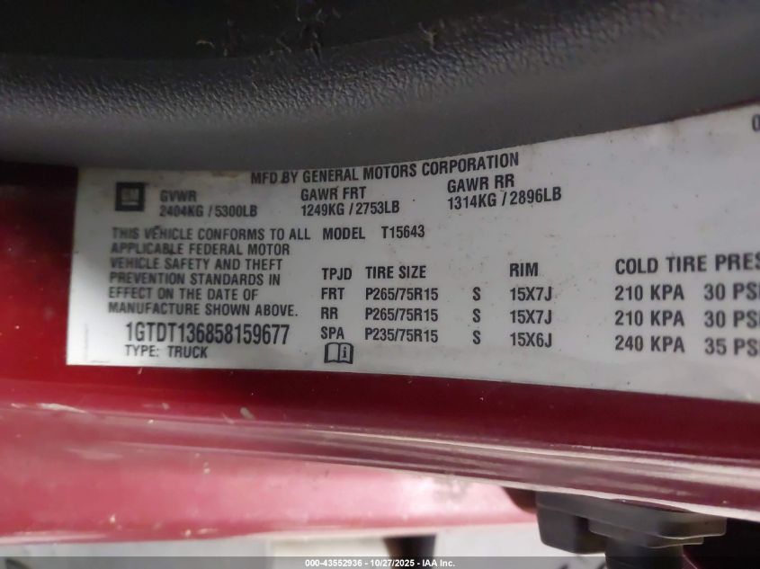 2005 GMC Canyon Sle VIN: 1GTDT136858159677 Lot: 43552936