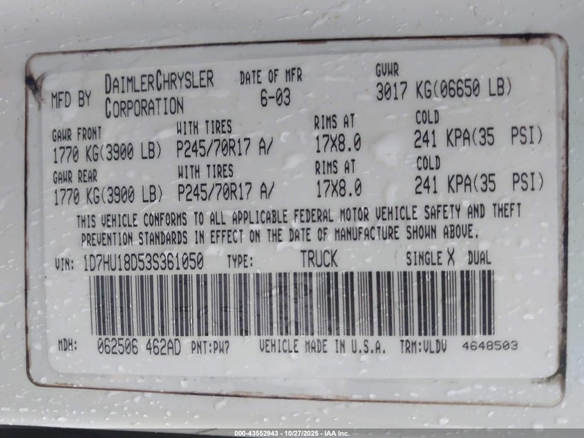 2003 Dodge Ram 1500 Slt/Laramie/St VIN: 1D7HU18D53S361050 Lot: 43552943