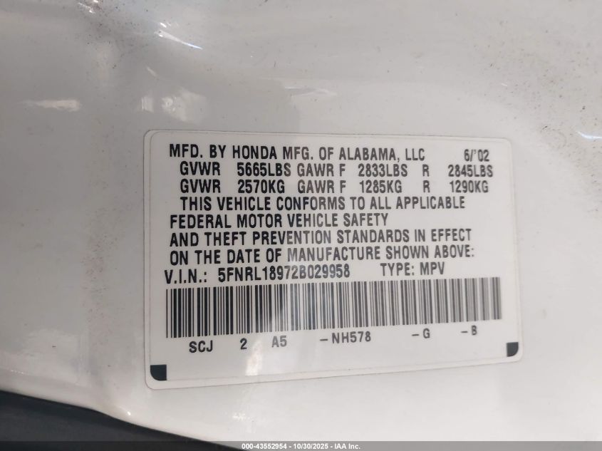 2002 Honda Odyssey Ex-L VIN: 5FNRL18972B029958 Lot: 43552954