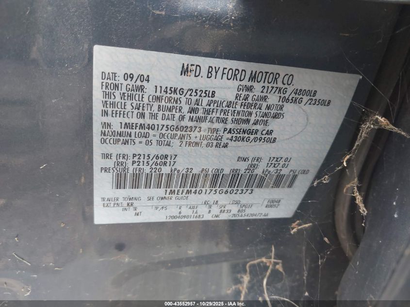 2005 Mercury Montego Luxury VIN: 1MEFM40175G602373 Lot: 43552957