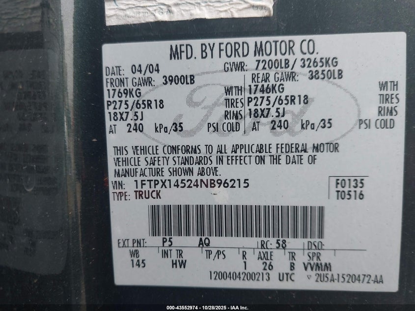 1FTPX14524NB96215 2004 FORD F-150 photo no. 9