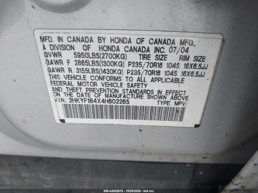 2004 Honda Pilot Ex VIN: 2HKYF184X4H602265 Lot: 43552976