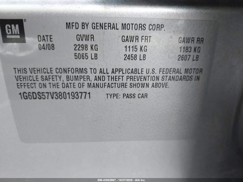 2008 Cadillac Cts Standard VIN: 1G6DS57V380193771 Lot: 43552987