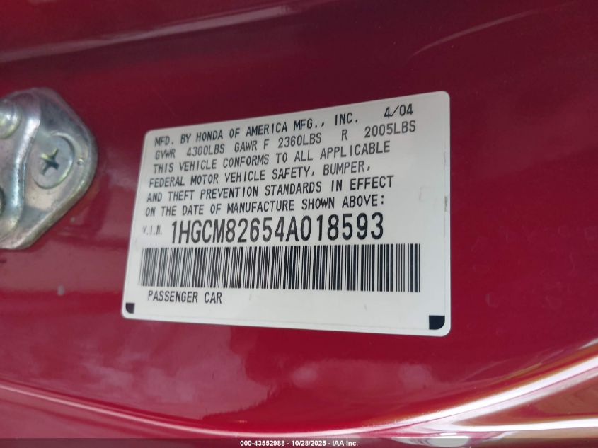2004 Honda Accord 3.0 Ex VIN: 1HGCM82654A018593 Lot: 43552988