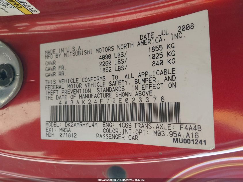 2009 Mitsubishi Eclipse Gs VIN: 4A3AK24F79E023376 Lot: 43553003