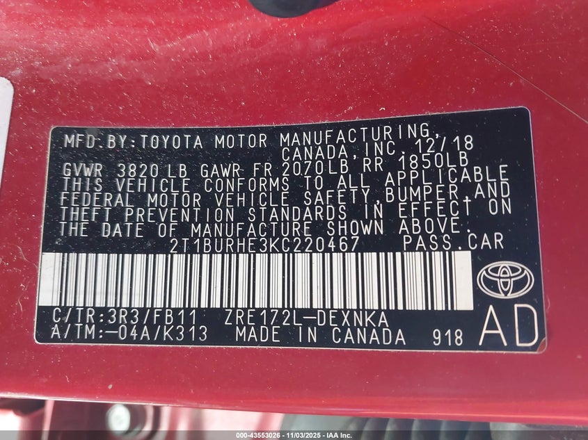 2019 TOYOTA COROLLA LE - 2T1BURHE3KC220467