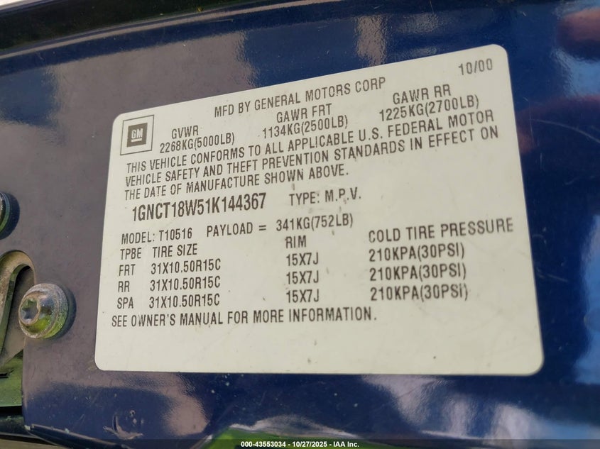 2001 Chevrolet Blazer Ls VIN: 1GNCT18W51K144367 Lot: 43553034