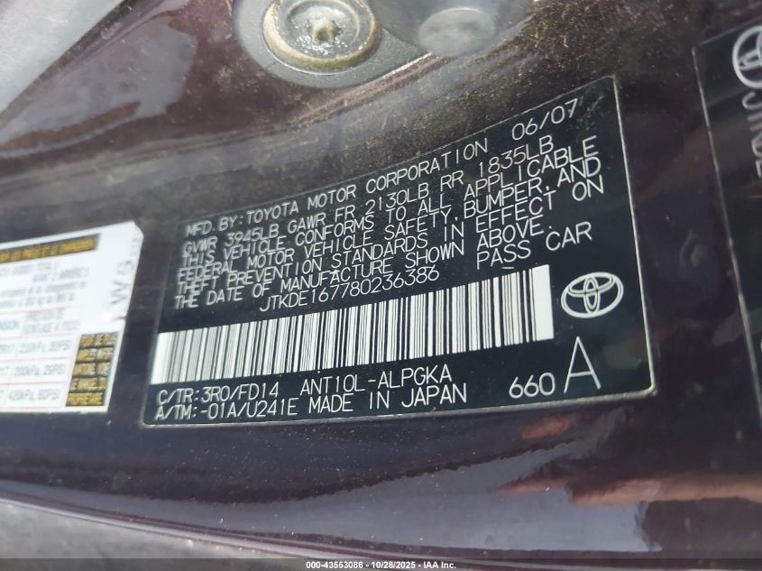 2008 Scion Tc VIN: JTKDE167780236386 Lot: 43553086