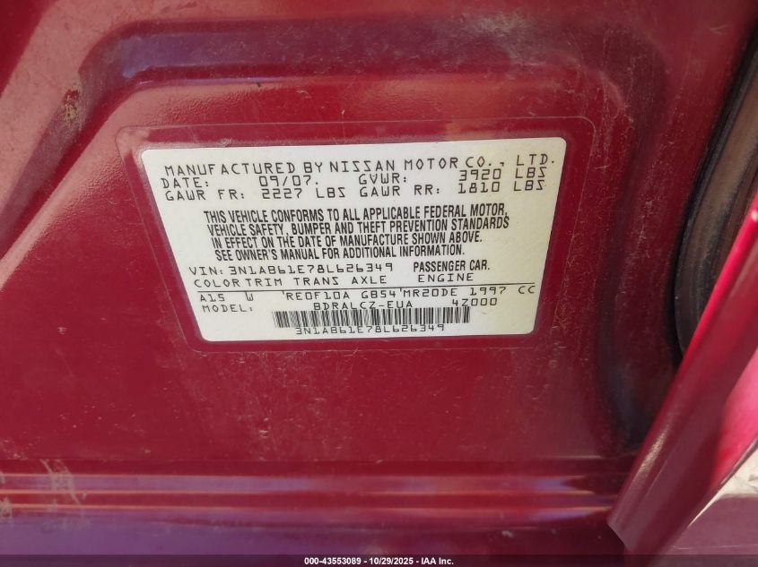 2008 Nissan Sentra 2.0 VIN: 3N1AB61E78L626349 Lot: 43553089