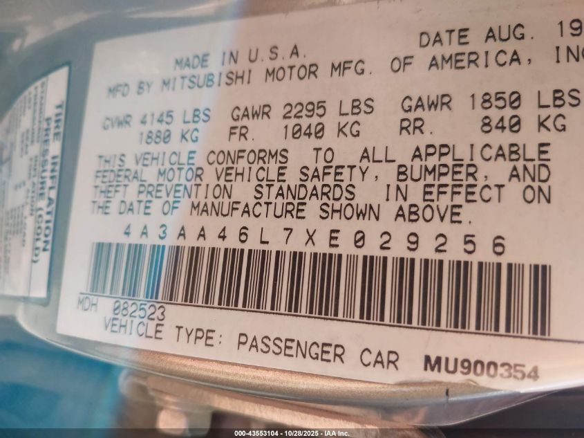 1999 Mitsubishi Galant Es V6/Gtz VIN: 4A3AA46L7XE029256 Lot: 43553104