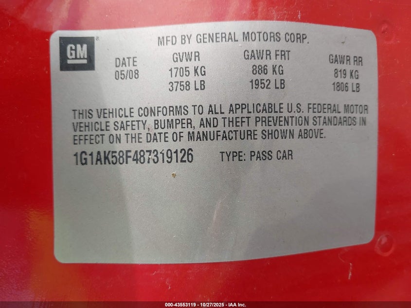 2008 Chevrolet Cobalt Ls VIN: 1G1AK58F487319126 Lot: 43553119