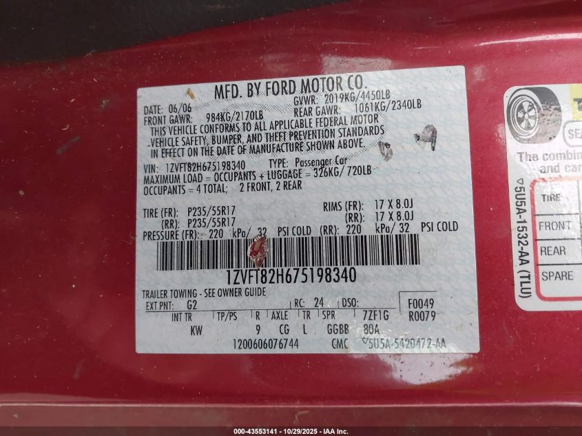 2007 Ford Mustang Gt Deluxe/Gt Premium VIN: 1ZVFT82H675198340 Lot: 43553141