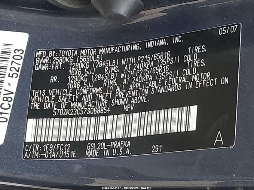 2007 Toyota Sienna Le VIN: 5TDZK23C57S068854 Lot: 43553147