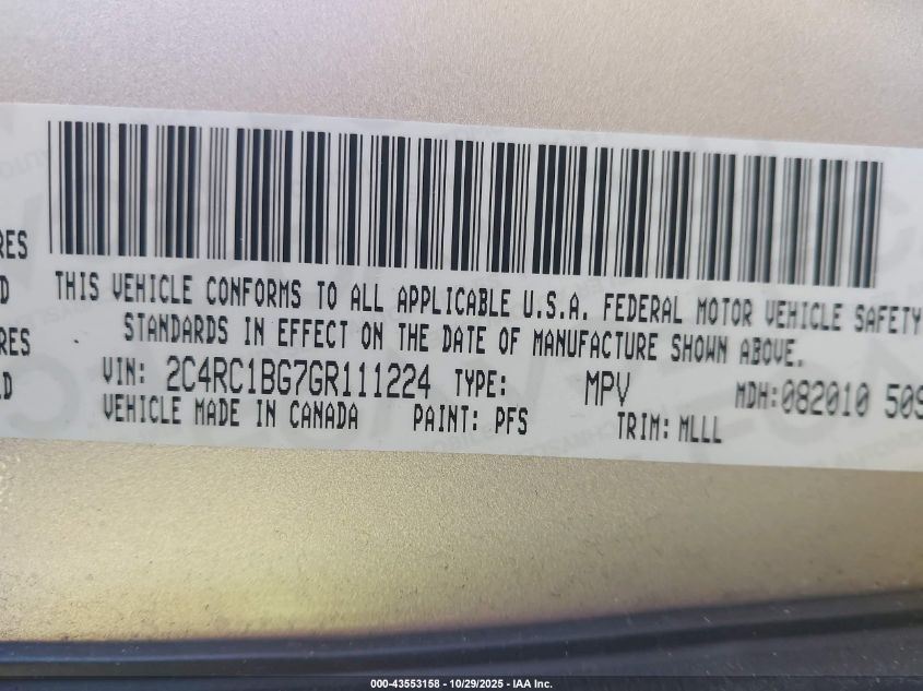 2016 Chrysler Town & Country Touring VIN: 2C4RC1BG7GR111224 Lot: 43553158