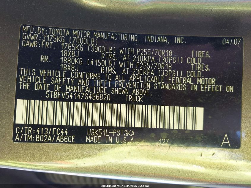 2007 Toyota Tundra Sr5 5.7L V8 VIN: 5TBEV54147S456820 Lot: 43553179