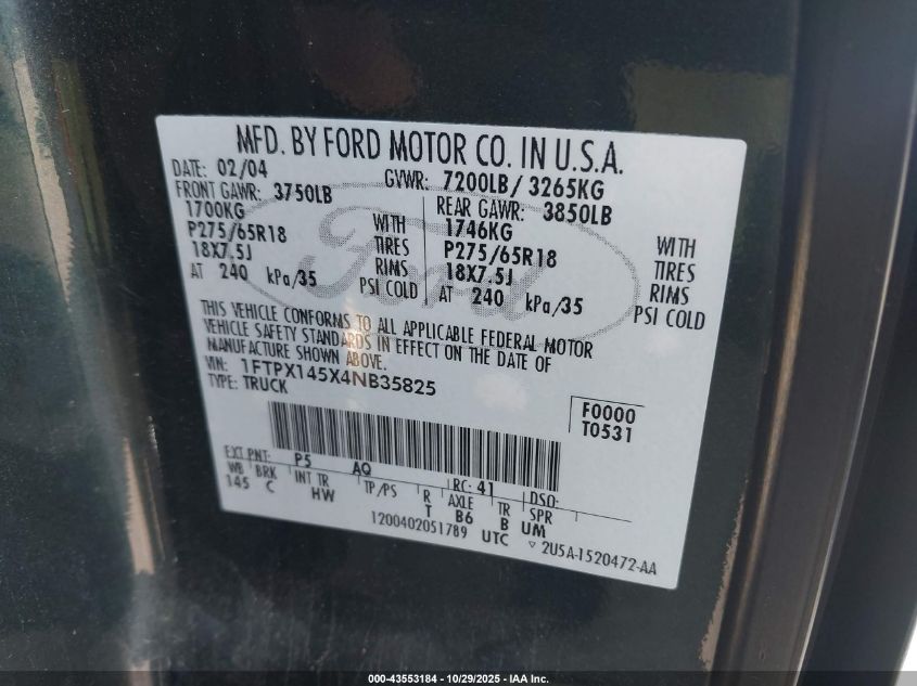 2004 Ford F-150 Fx4/Lariat/Xl/Xlt VIN: 1FTPX145X4NB35825 Lot: 43553184