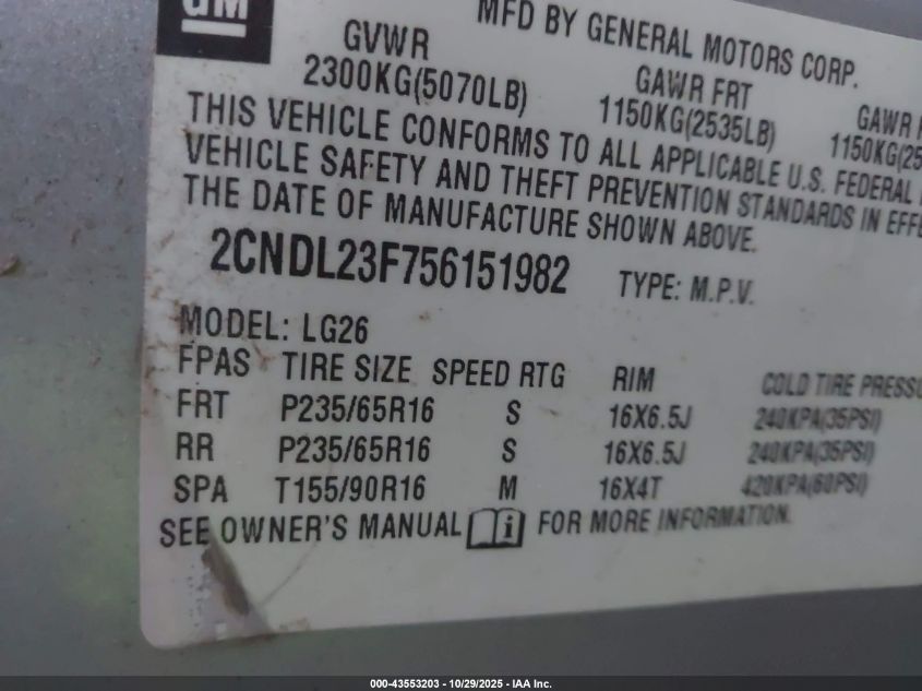 2005 Chevrolet Equinox Ls VIN: 2CNDL23F756151982 Lot: 43553203