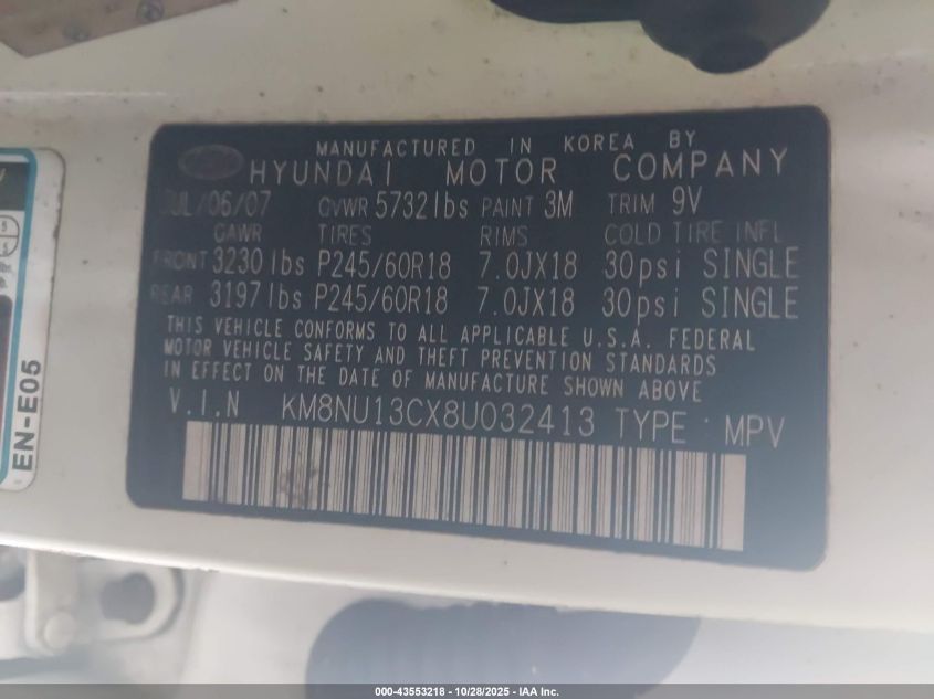 2008 Hyundai Veracruz Gls/Limited/Se VIN: KM8NU13CX8U032413 Lot: 43553218