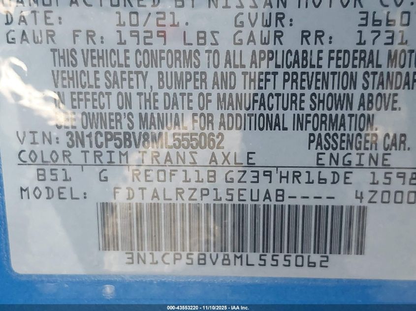 2021 Nissan Kicks S Xtronic Cvt VIN: 3N1CP5BV8ML555062 Lot: 43553220