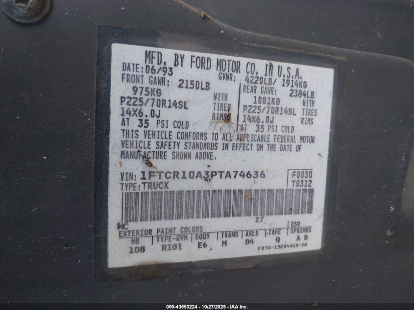 1993 Ford Ranger VIN: 1FTCR10A3PTA74636 Lot: 43553224